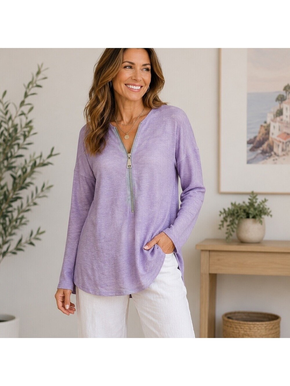 Soft Surroundings Lavender Ribbed Mock Neck Top Asymmetrical Layered Back Zip